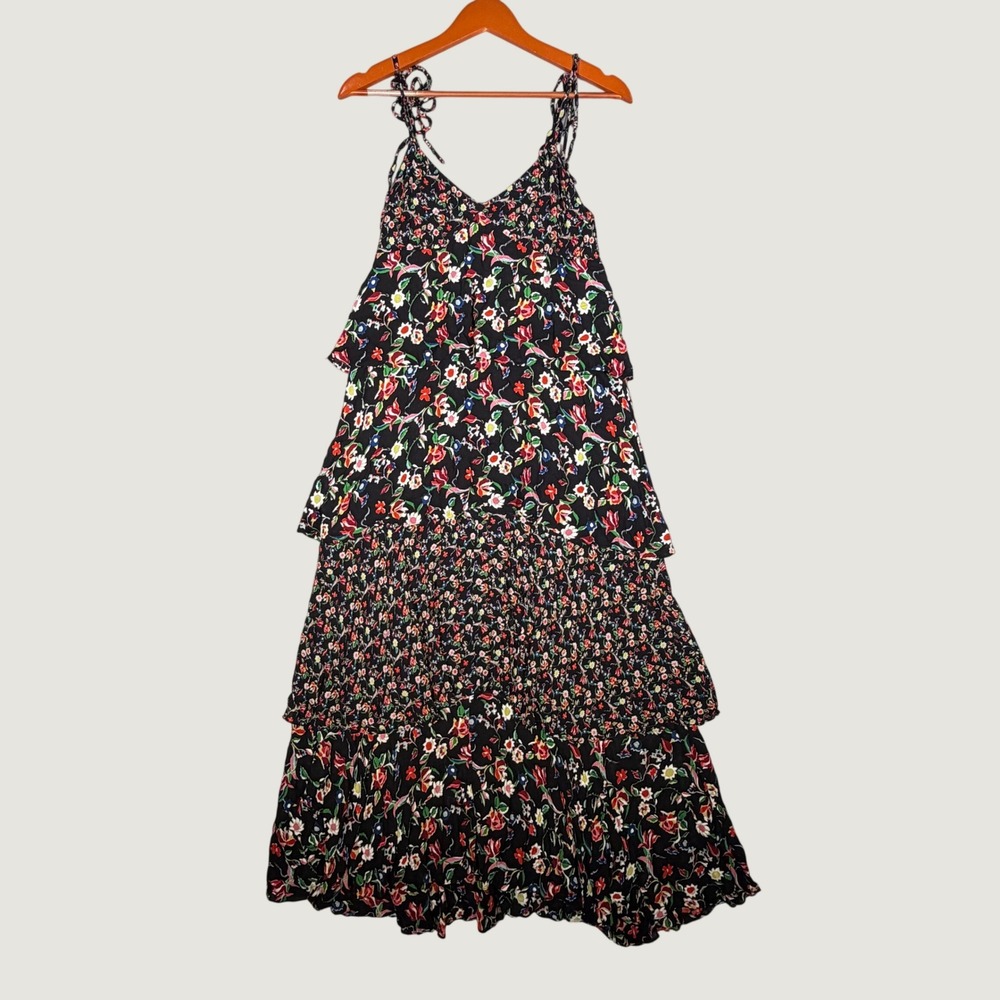 Club Monaco Suukyi Floral Tiered Maxi Dress Size 8 Black Multi Color Tie Strap